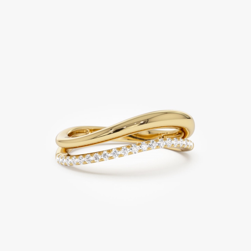 FirstMadam Custom 14K Solid Gold Double Wave Band Ring with 0.11CT VS Lab-Grown Diamonds