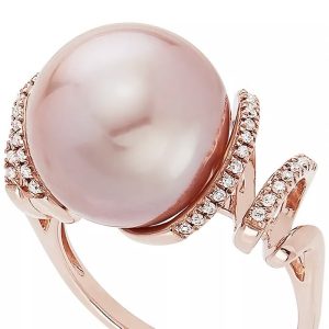 FirstMadam Solid 14K Rose Gold Diamond Encrusted Dreamy Pink Pearl Rings
