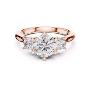 FirstMadam 18K Rose Gold Three Stone Timeless Round Lab Diamond Sparkling Women Ring