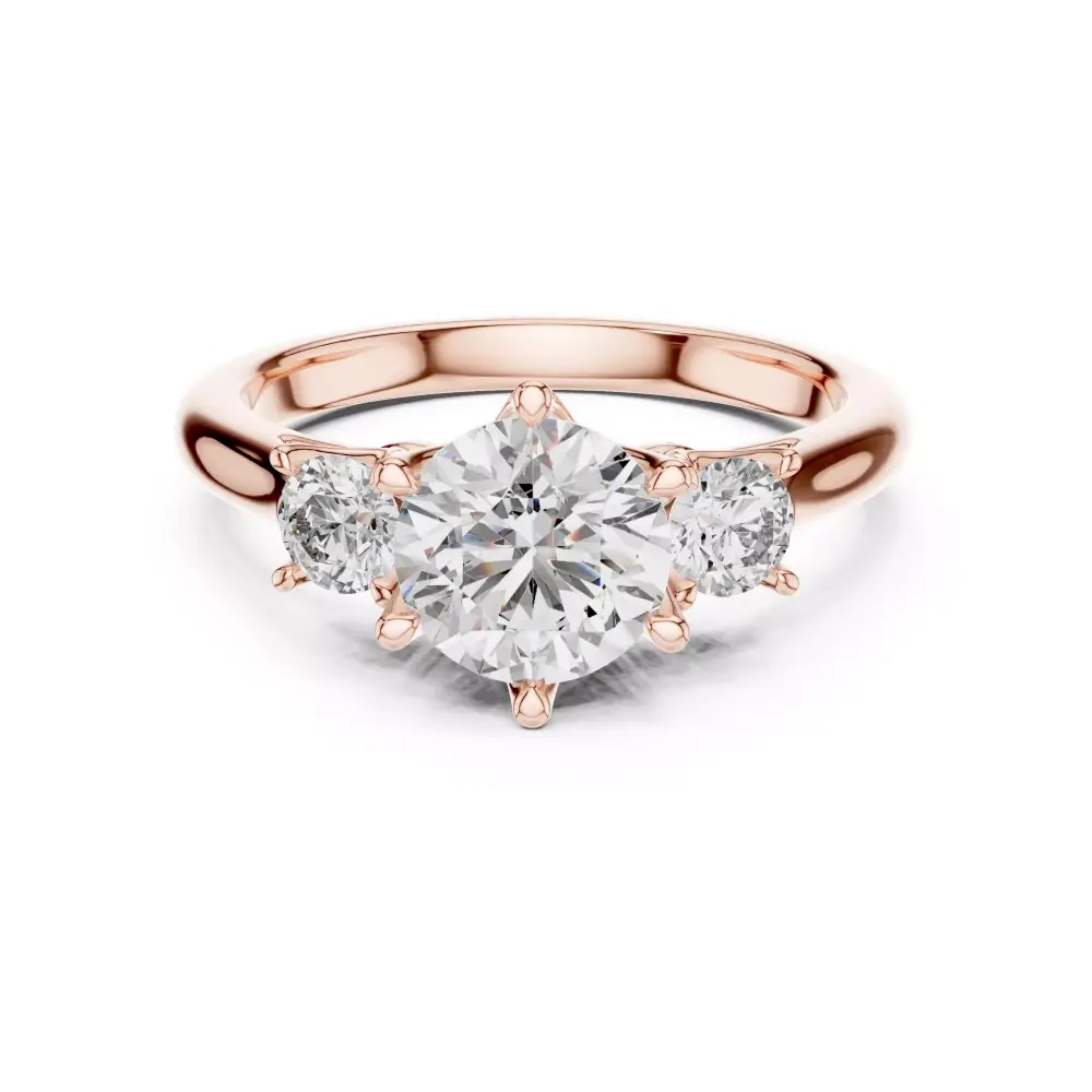 FirstMadam 18K Rose Gold Three Stone Timeless Round Lab Diamond Sparkling Women Ring