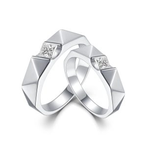 FirstMadam 18K Solid White Gold Geometric Angular Design Sparkling Princess Diamond Wedding or Engagement Couple Ring