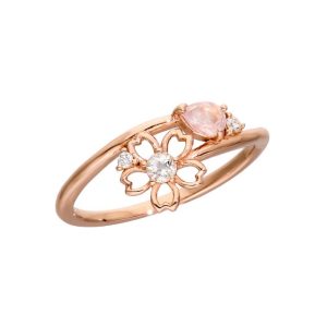 FirstMadam 18K Solid Rose Gold Cherry Blossom Ring With 0.02 Carat Diamond Rose Quartz Pink Tourmaline Ring