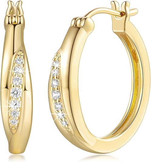 FirstMadam 14K Solid Gold Earrings Women's Dazzling Cubic Diamond Hoop Earrings