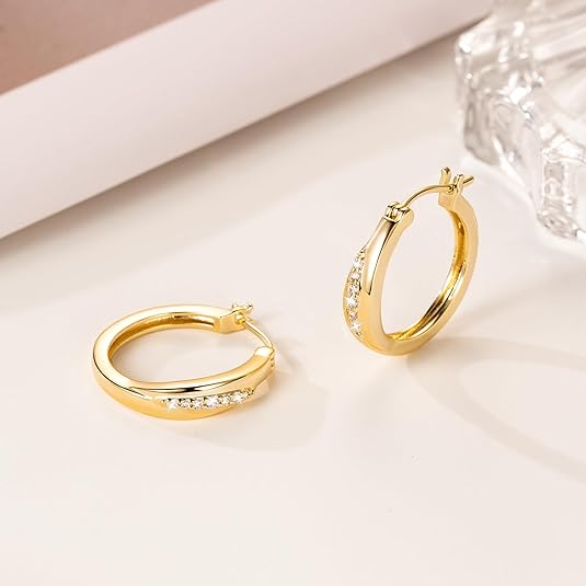 FirstMadam 14K Solid Gold Earrings Women's Dazzling Cubic Diamond Hoop Earrings FirstMadam 14K Solid Gold Earrings Women's Dazzling Cubic Diamond Hoop Earrings