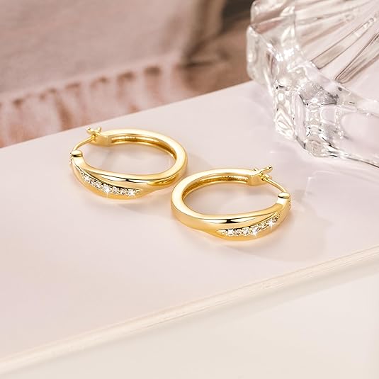 FirstMadam 14K Solid Gold Earrings Women's Dazzling Cubic Diamond Hoop Earrings FirstMadam 14K Solid Gold Earrings Women's Dazzling Cubic Diamond Hoop Earrings