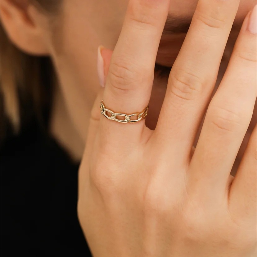 FirstMadam 18K Solid Pure Gold Band Cuban Link Ring (2) FirstMadam 18K Solid Pure Gold Band Cuban Link Ring