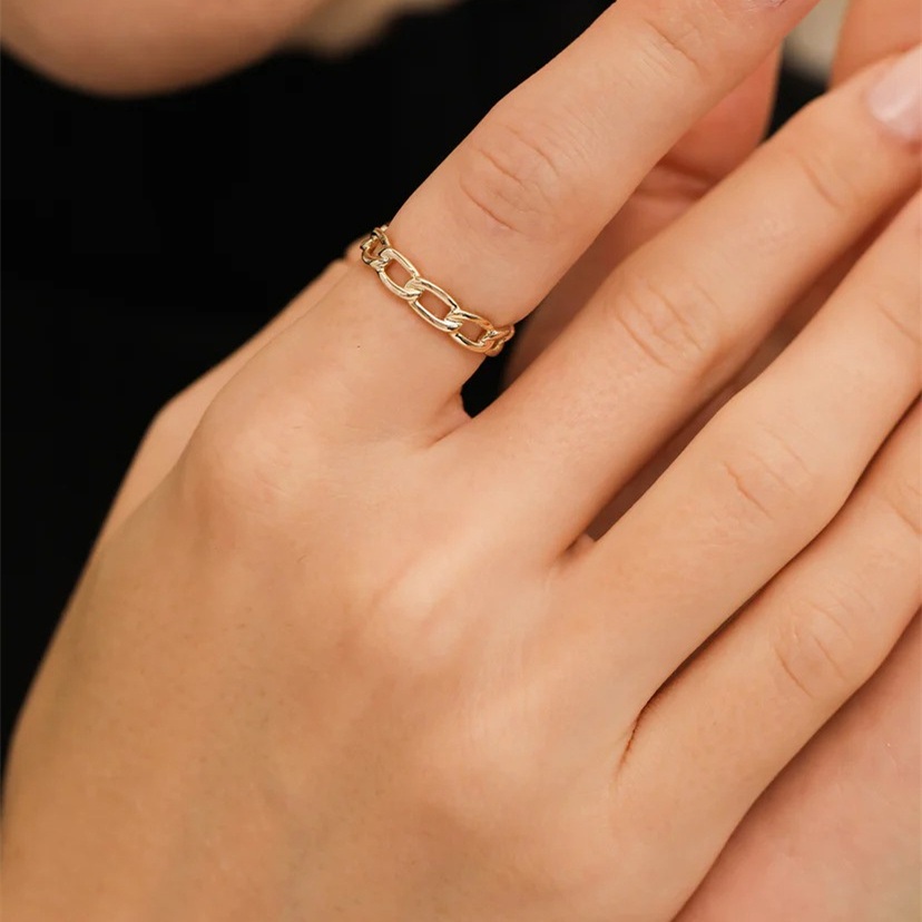 FirstMadam 18K Solid Pure Gold Band Cuban Link Ring (3) FirstMadam 18K Solid Pure Gold Band Cuban Link Ring