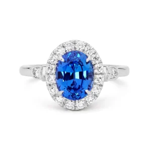 FirstMadam Gold Plated Stainless Steel Oval Cut Blue Moissanite Halo Elegant Engagement Ring