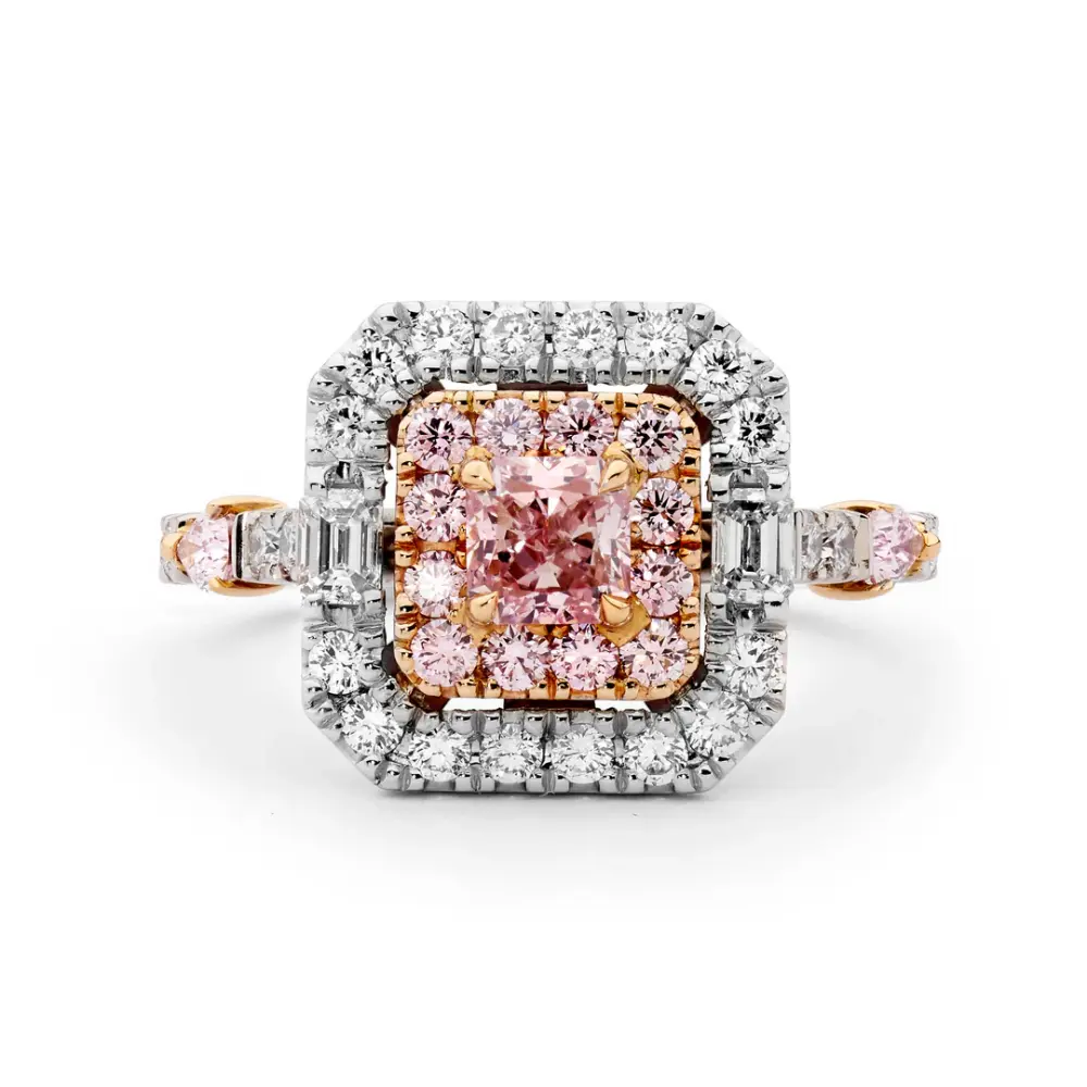 FirstMadam Two Tone Double Halo Pink Crystal Engagement Ring Stainless Steel Statement Ring