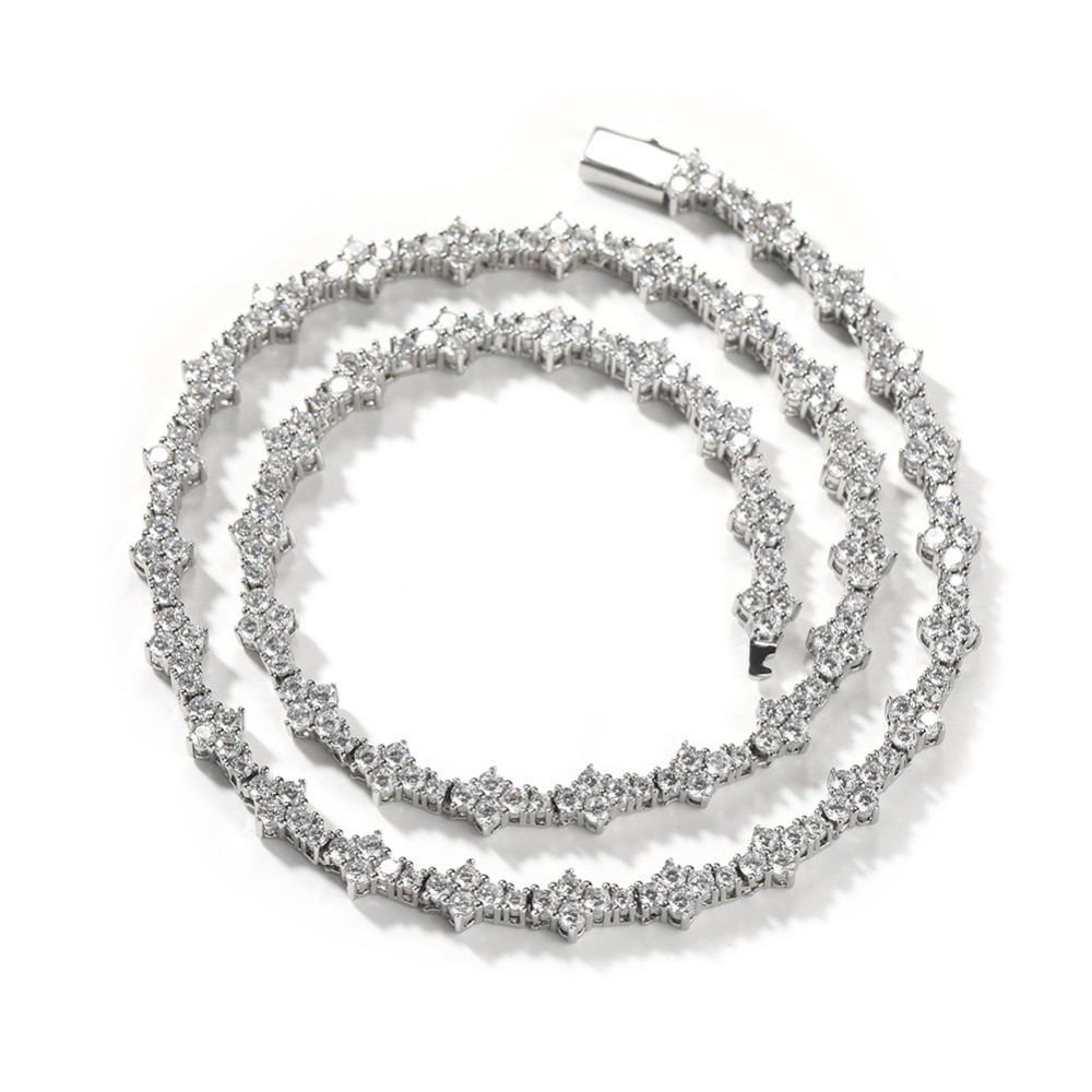 FirstMadam Copper Zircon Tennis Necklace Full Paved Flower Link Unisex Style