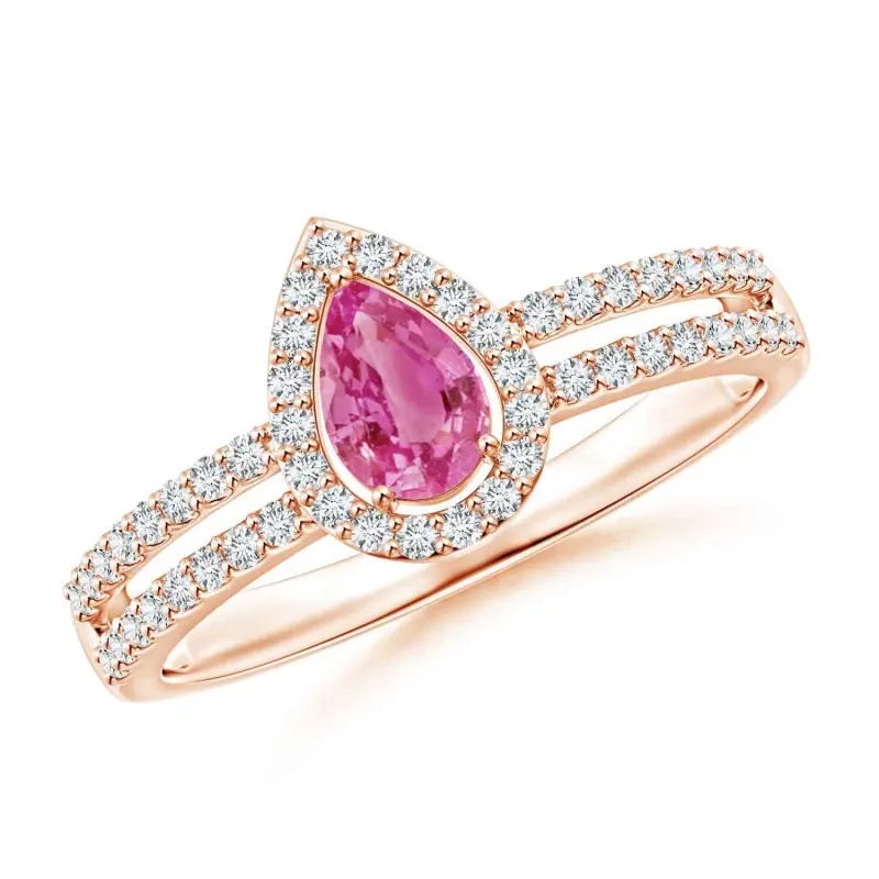 FirstMadam Pear Pink Sapphire and Diamond Halo Split Shank Ring in 14K Gold