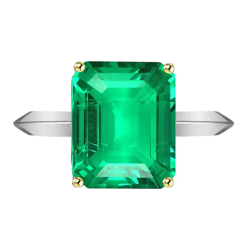 14K White Gold Lab Green Emerald Big Gemstone Solitaire Ring