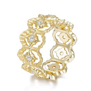 Vintage 14K Gold Plated Star Retro Hollow Out Wide Band Statement Diamond Ring