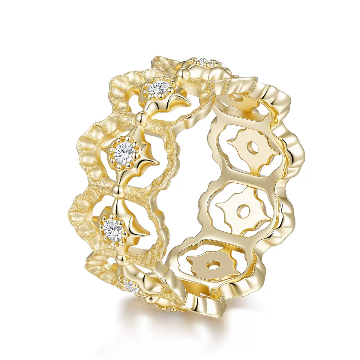 Vintage 14K Gold Plated Star Retro Hollow Out Wide Band Statement Diamond Ring