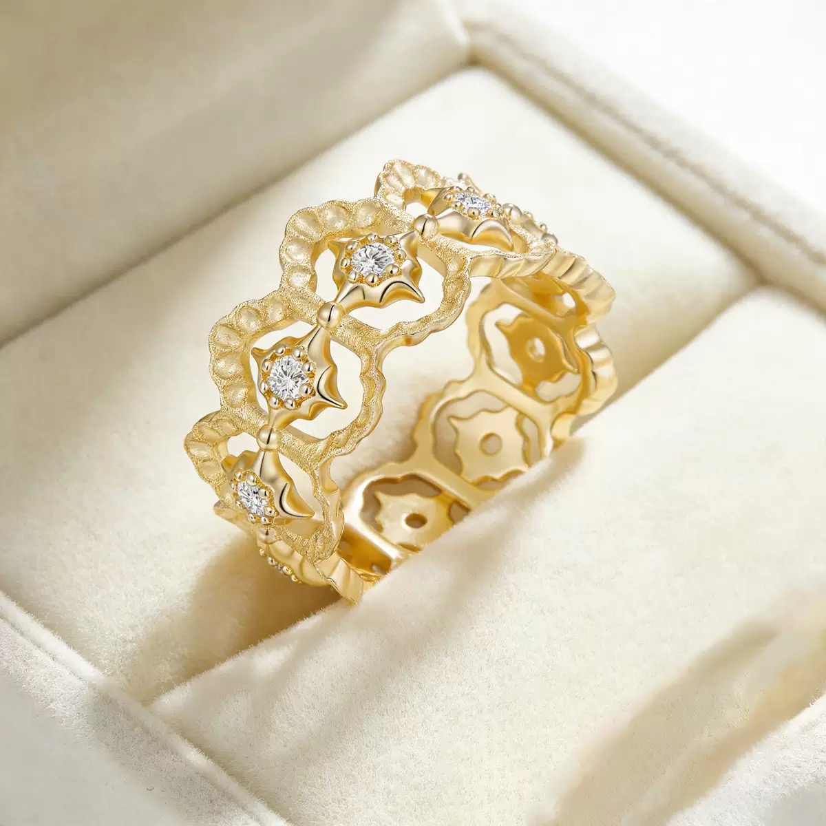 6 Vintage 14K Gold Plated Star Retro Hollow Out Wide Band Statement Diamond Ring