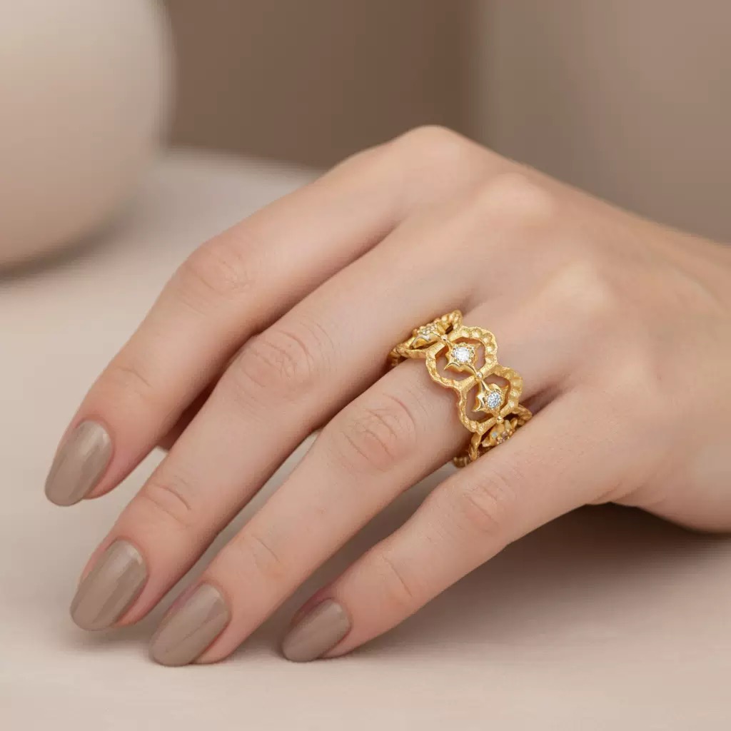 7 Vintage 14K Gold Plated Star Retro Hollow Out Wide Band Statement Diamond Ring