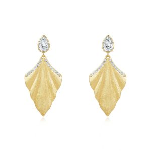 FirstMadam 18K Gold Plated Fan Shaped Leaf Stud Moissanite Earrings