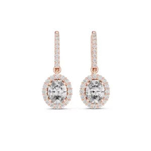 FirstMadam 18K Rose Gold Oval Lab Grown Diamond Halo Drop Earrings