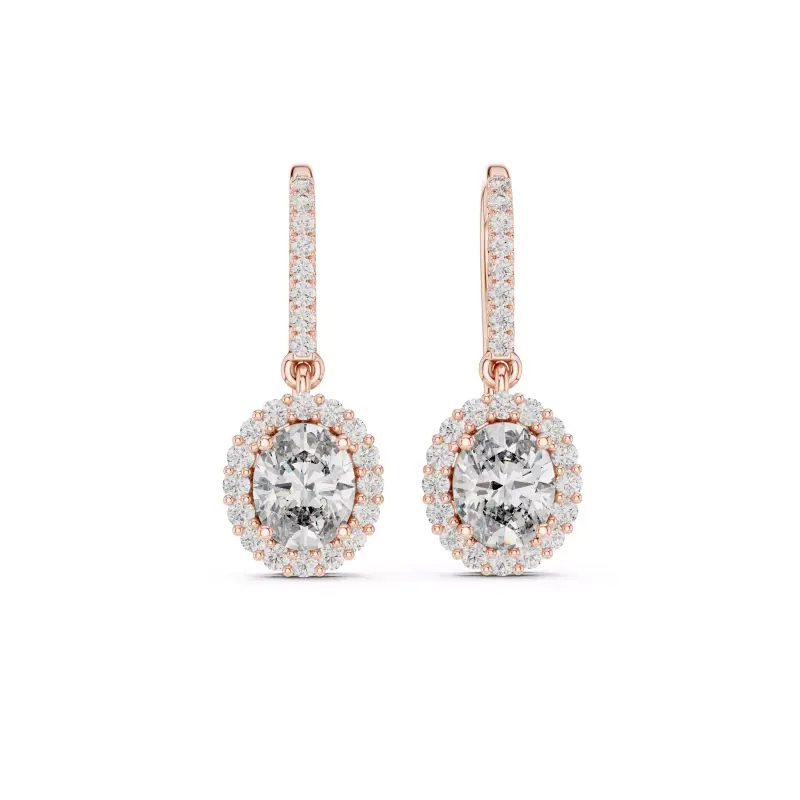 FirstMadam 18K Rose Gold Oval Lab Grown Diamond Halo Drop Earrings