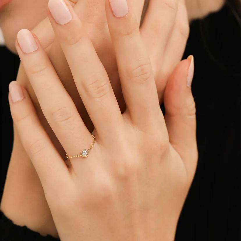 FirstMadam 18K Solid Gold Bezel Set Diamond Chain Ring (3) FirstMadam 18K Solid Gold Bezel Set Diamond Chain Ring