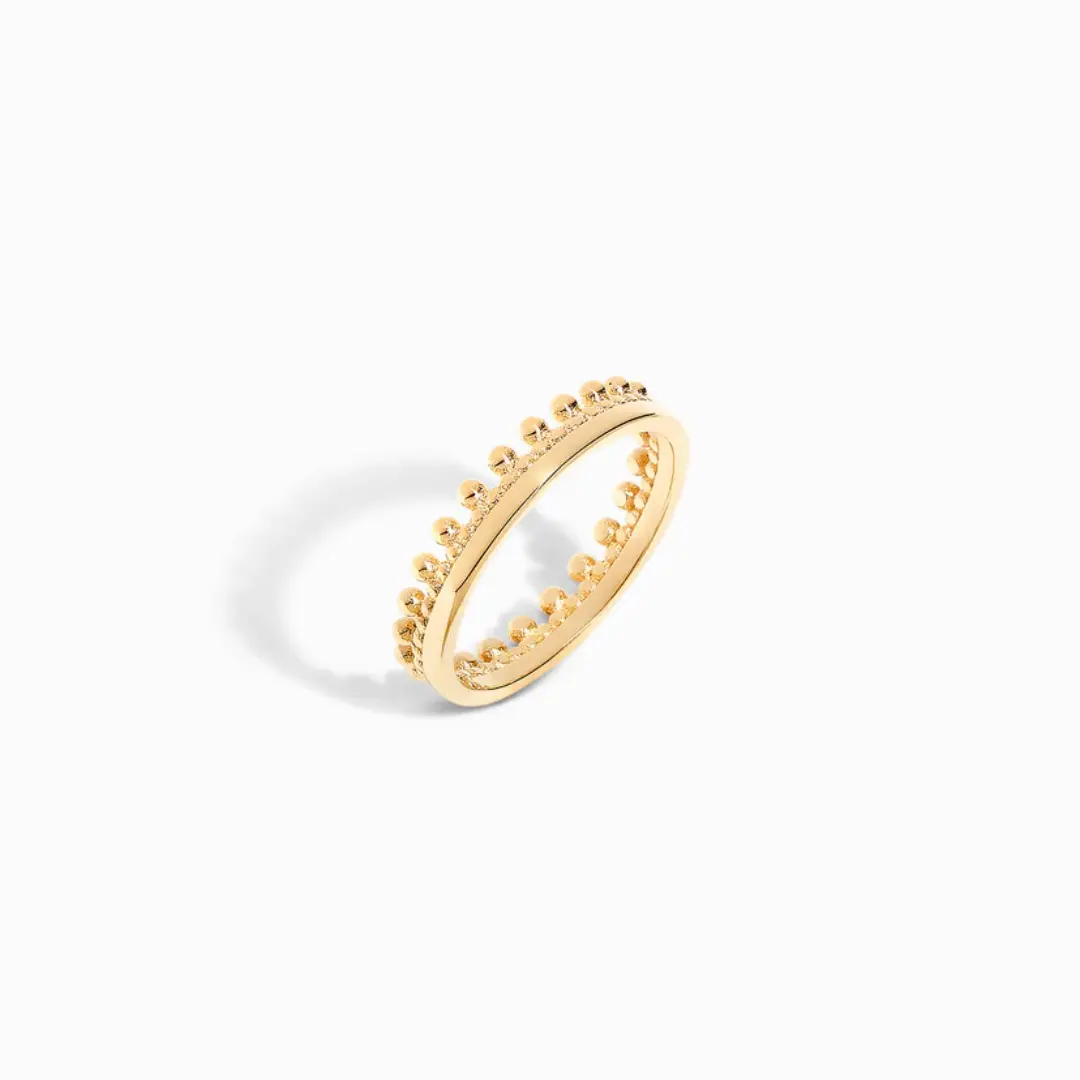 18K Solid Gold Beaded Crown Ring