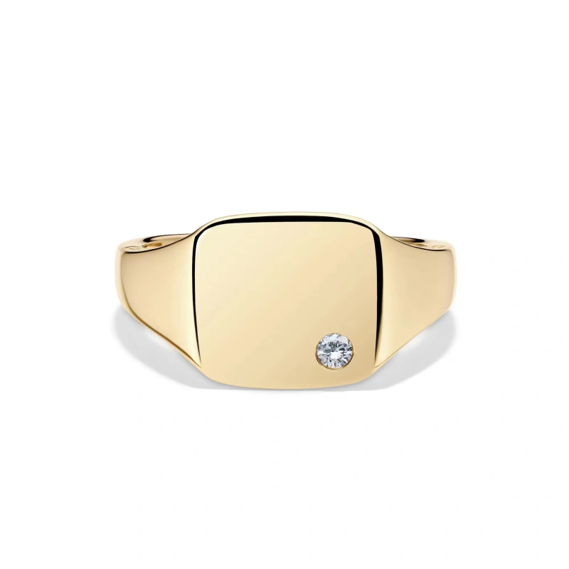 FirstMadam 18K Yellow Gold Men’s Signet with Lab Diamond Accent Ring