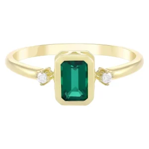FirstMadam 9K Gold Emerald Cut Lab Diamond and Diamond Studded Ring