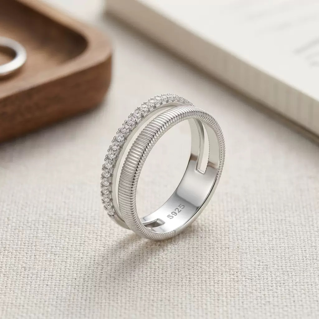 FirstMadam Double Layers Gold Plated Paved Moissanite Women Ring (3) FirstMadam Double Layers Gold Plated Paved Moissanite Women Ring