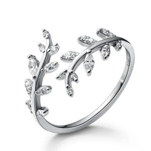 Firstmadam Fashion Brass Leaf Ring Adjustable Open Ring with Zircon Inlay Wholesale Price