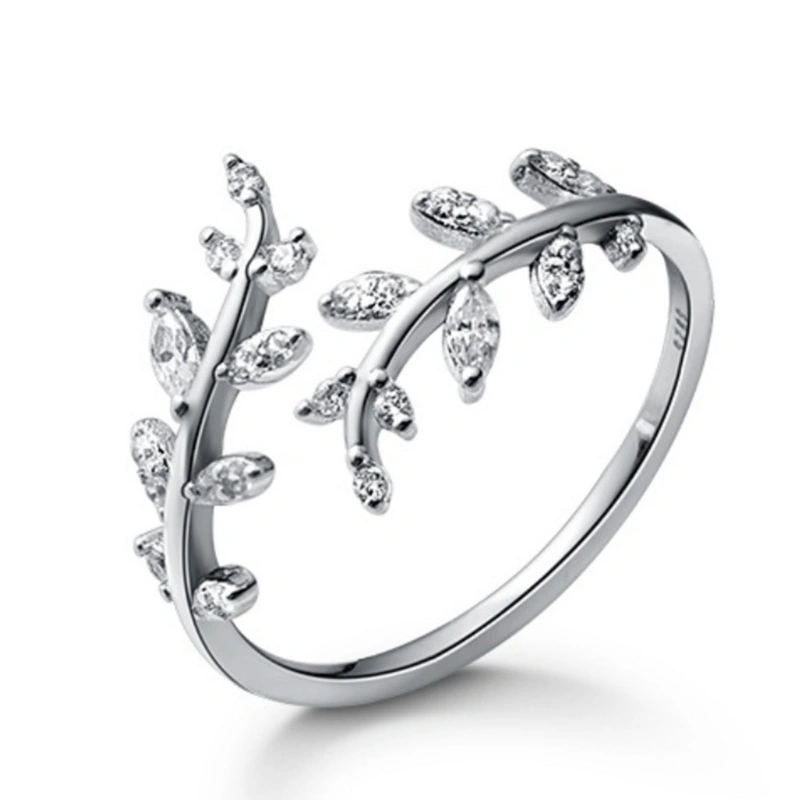 Firstmadam Fashion Brass Leaf Ring Adjustable Open Ring with Zircon Inlay Wholesale Price