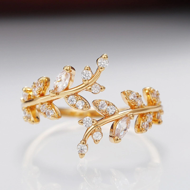 Firstmadam Fashion Brass Leaf Ring Adjustable Open Ring with Zircon Inlay Wholesale Price (2) Firstmadam Fashion Brass Leaf Ring Adjustable Open Ring with Zircon Inlay Wholesale Price