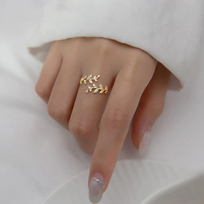 Firstmadam Fashion Brass Leaf Ring Adjustable Open Ring with Zircon Inlay Wholesale Price (3) Firstmadam Fashion Brass Leaf Ring Adjustable Open Ring with Zircon Inlay Wholesale Price