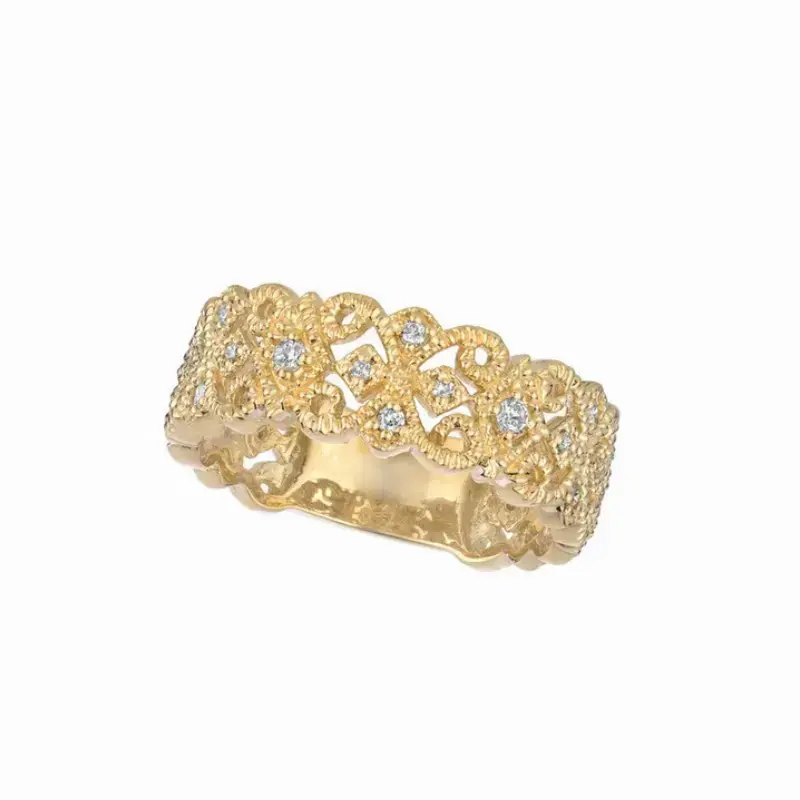 FirstMadam 14K Gold Vintage Filigree Lab Diamond Ring Openwork Wide Band for Women