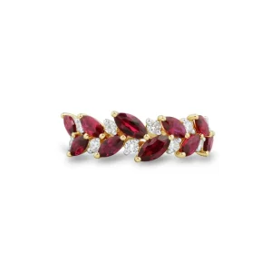 FirstMadam 14K Yellow Gold Marquise Ruby and Lab Diamond Band Fashion Ring