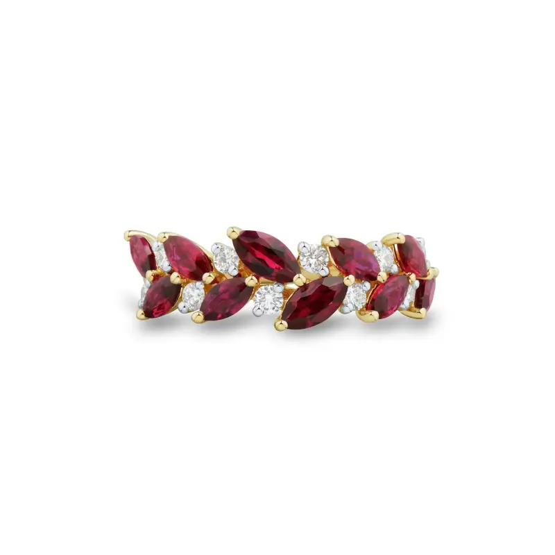 FirstMadam 14K Yellow Gold Marquise Ruby and Lab Diamond Band Fashion Ring
