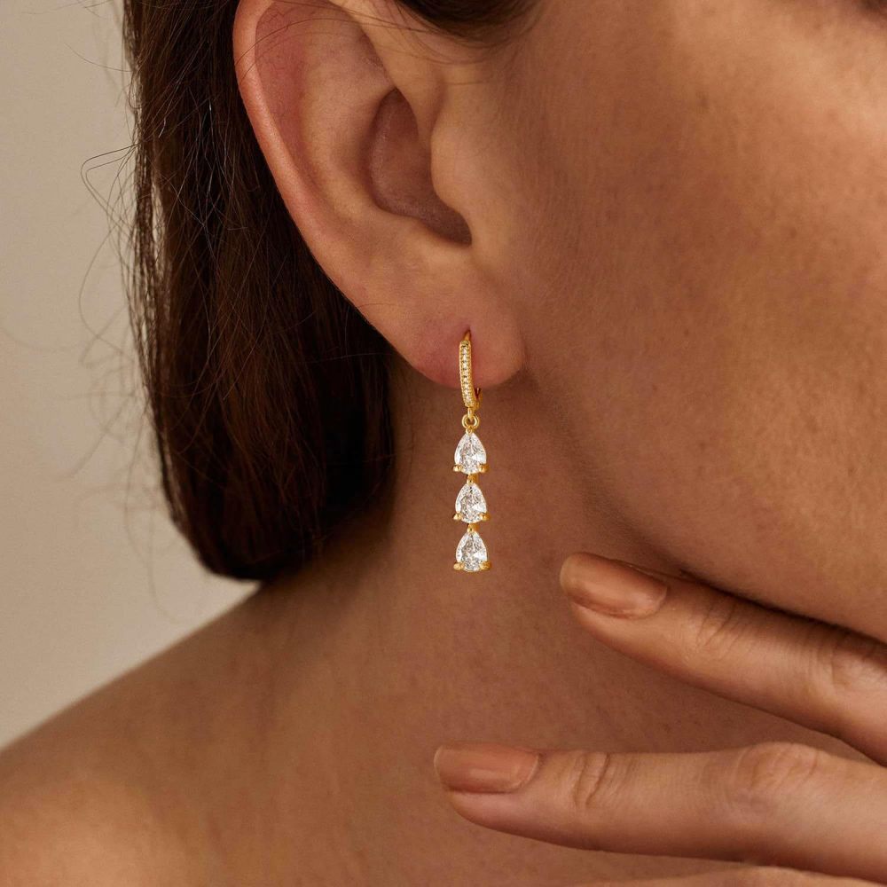 14K Solid Gold Pear Cut Moissanite Drop Hoop Earrings Dainty Three Teardrop Moissanite Dangle Huggie Earrings3