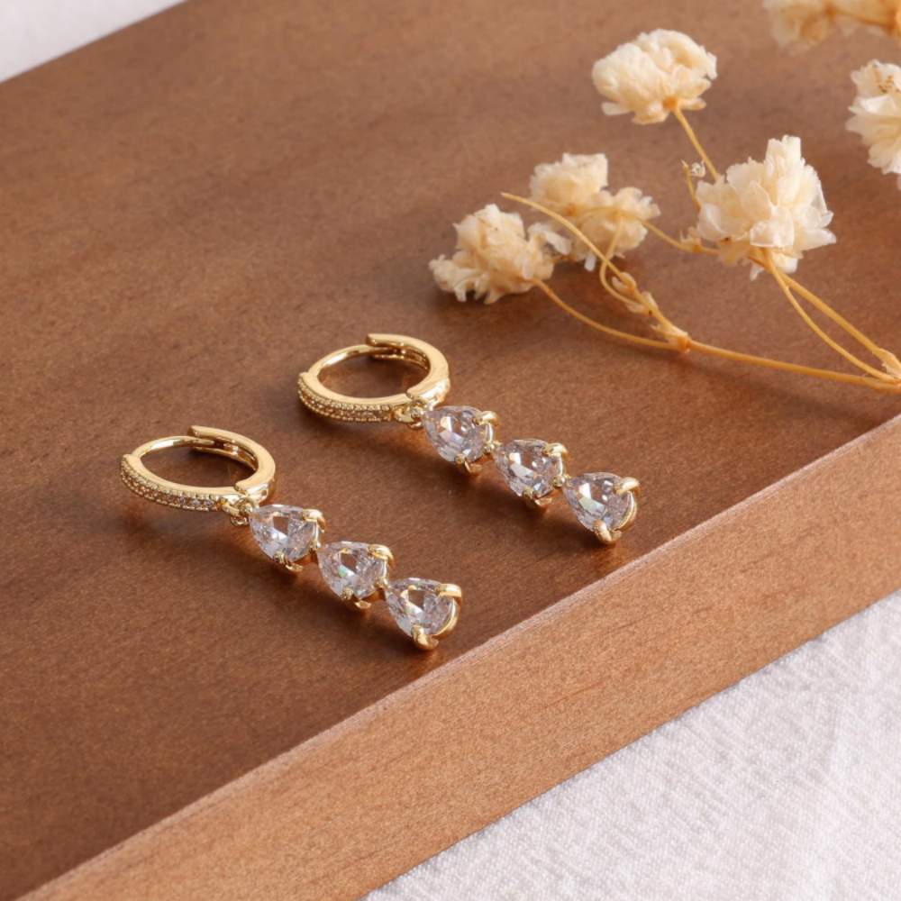 14K Solid Gold Pear Cut Moissanite Drop Hoop Earrings Dainty Three Teardrop Moissanite Dangle Huggie Earrings4