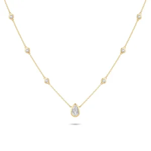 FirstMadam 14K Yellow Gold Lab Pear Shaped Diamond Station Necklace for Women