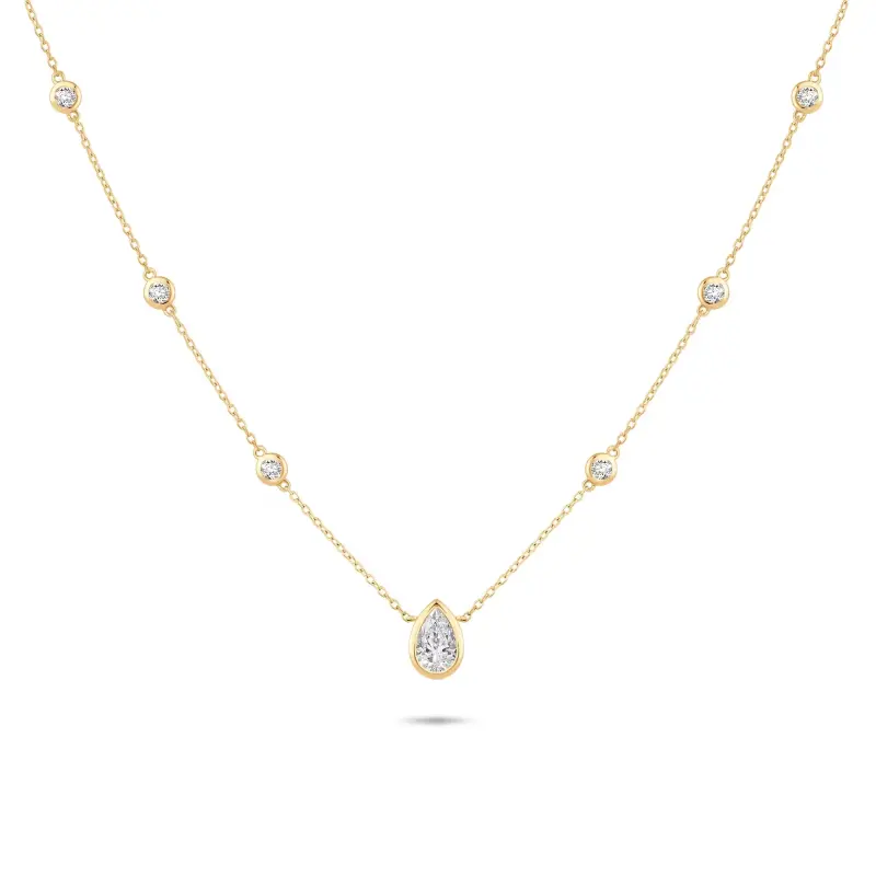 FirstMadam 14K Yellow Gold Lab Pear Shaped Diamond Station Necklace for Women