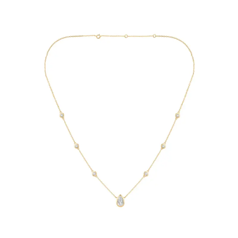 FirstMadam 14K Yellow Gold Lab Pear Shaped Diamond Station Necklace for Women--003 FirstMadam 14K Yellow Gold Lab Pear Shaped Diamond Station Necklace for Women