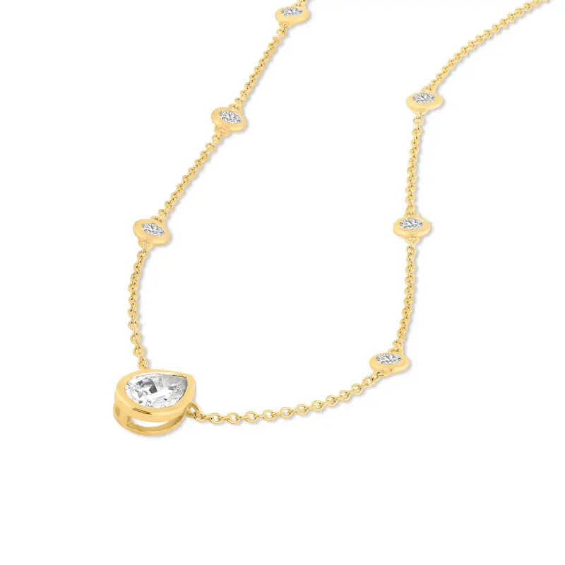 FirstMadam 14K Yellow Gold Lab Pear Shaped Diamond Station Necklace for Women--004 FirstMadam 14K Yellow Gold Lab Pear Shaped Diamond Station Necklace for Women