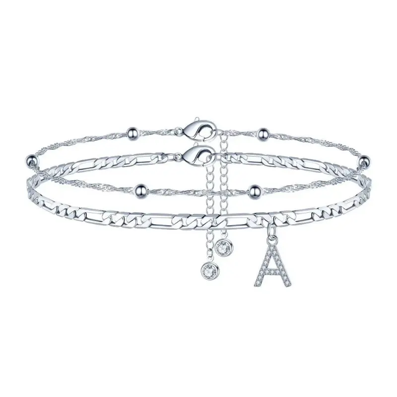 FirstMadam Fashion Brass Zircon Letter Anklet Minimalist Double Layer Anklet with Seed Beads and Cuban Chain (1) FirstMadam Fashion Brass Zircon Letter Anklet Minimalist Double Layer Anklet with Seed Beads and Cuban Chain