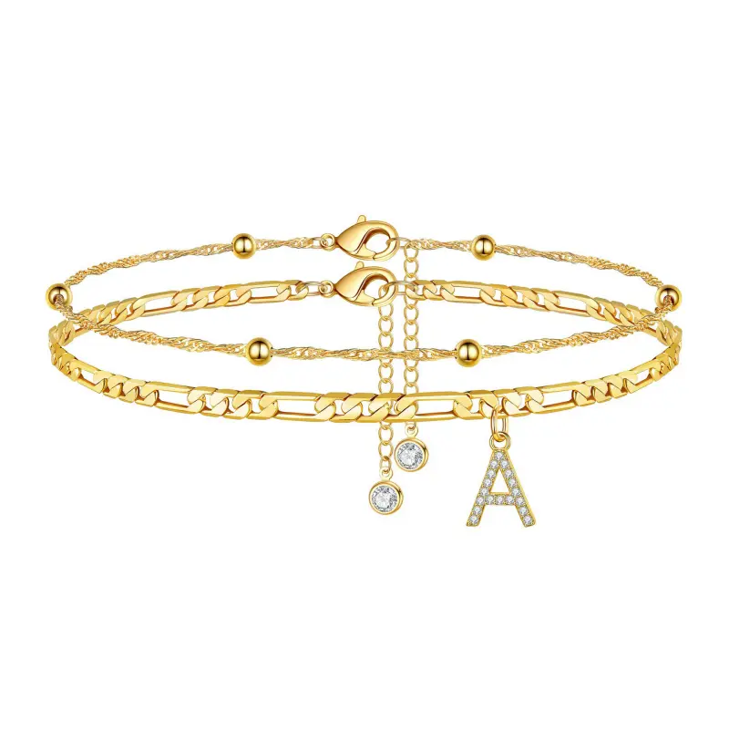 FirstMadam Fashion Brass Zircon Letter Anklet Minimalist Double Layer Anklet with Seed Beads and Cuban Chain
