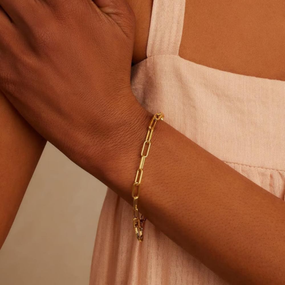 FirstMadam Minimalist Geometric Rectangle Link Bracelet 18K Solid Gold Simple Chain Wristband for Women3