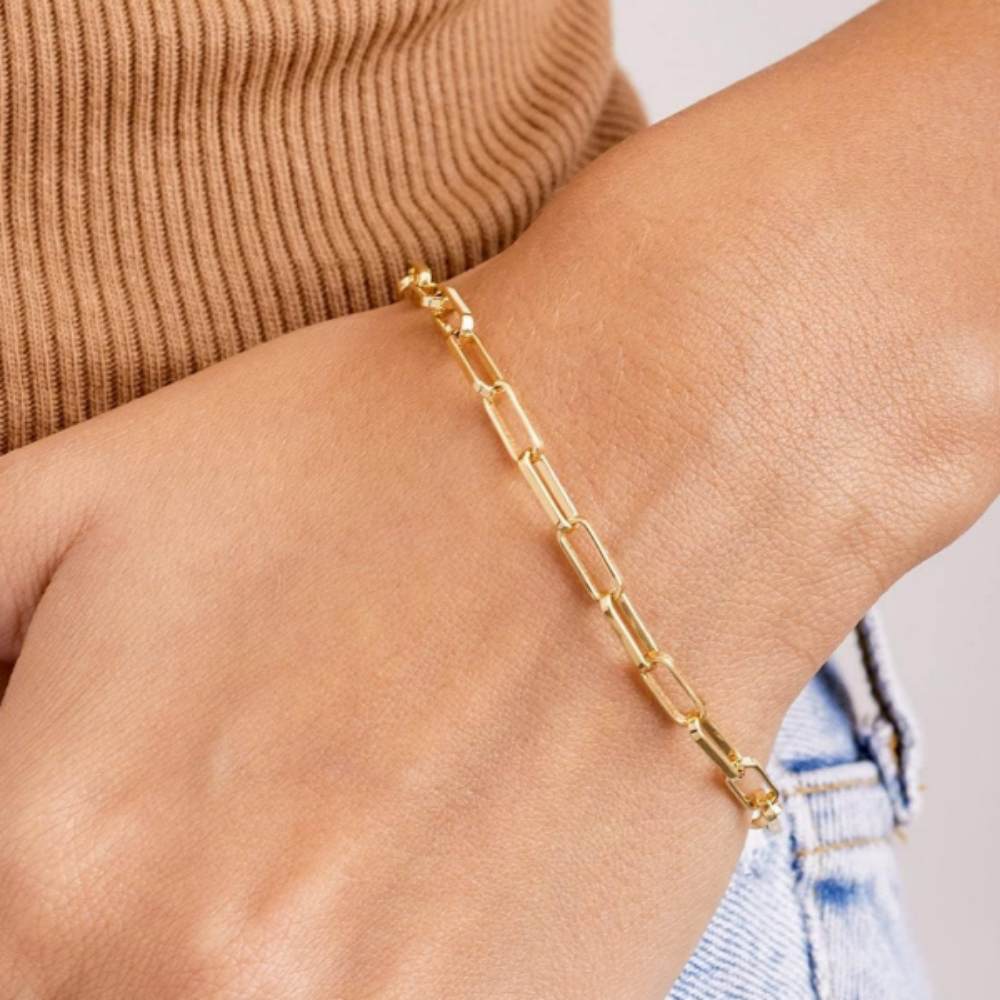 FirstMadam Minimalist Geometric Rectangle Link Bracelet 18K Solid Gold Simple Chain Wristband for Women4