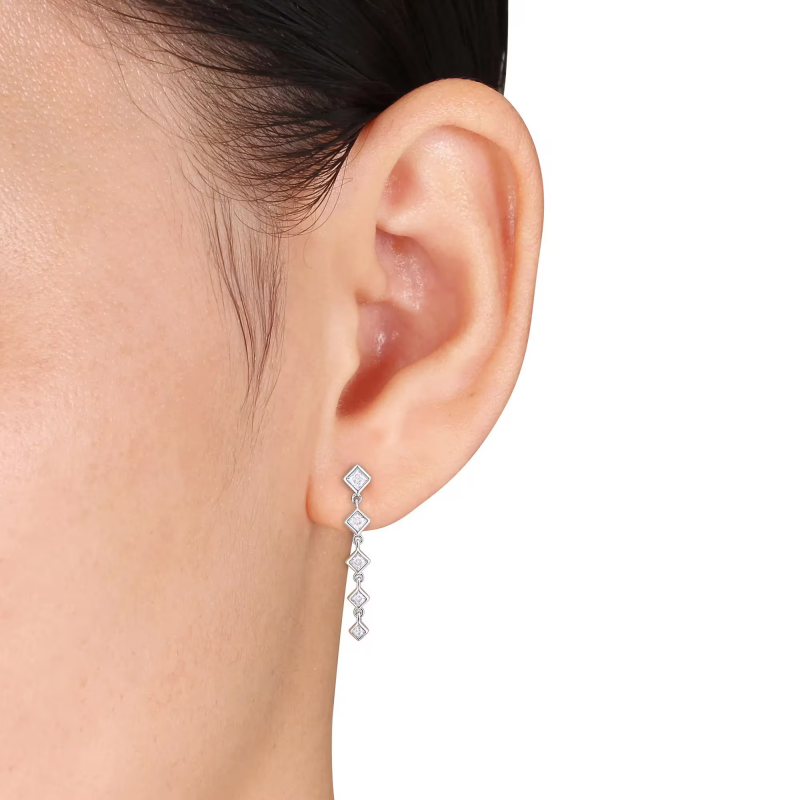 FirstMadam Moissanite Princess Cut Linear Drop Women Earrings in Sterling Silver--001 FirstMadam Moissanite Princess Cut Linear Drop Women Earrings in Sterling Silver