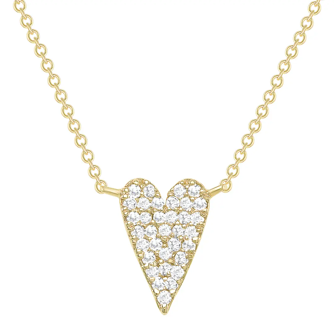 Pave Lab Grown Diamond Dainty Heart Necklace Real 18K Solid Yellow Gold Chain