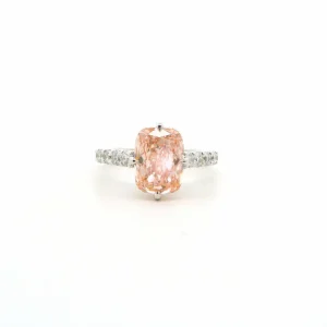 FirstMadam 18K White Gold Cushion Cut Pink Sapphire with Hidden Halo Lab Dimaond Ring