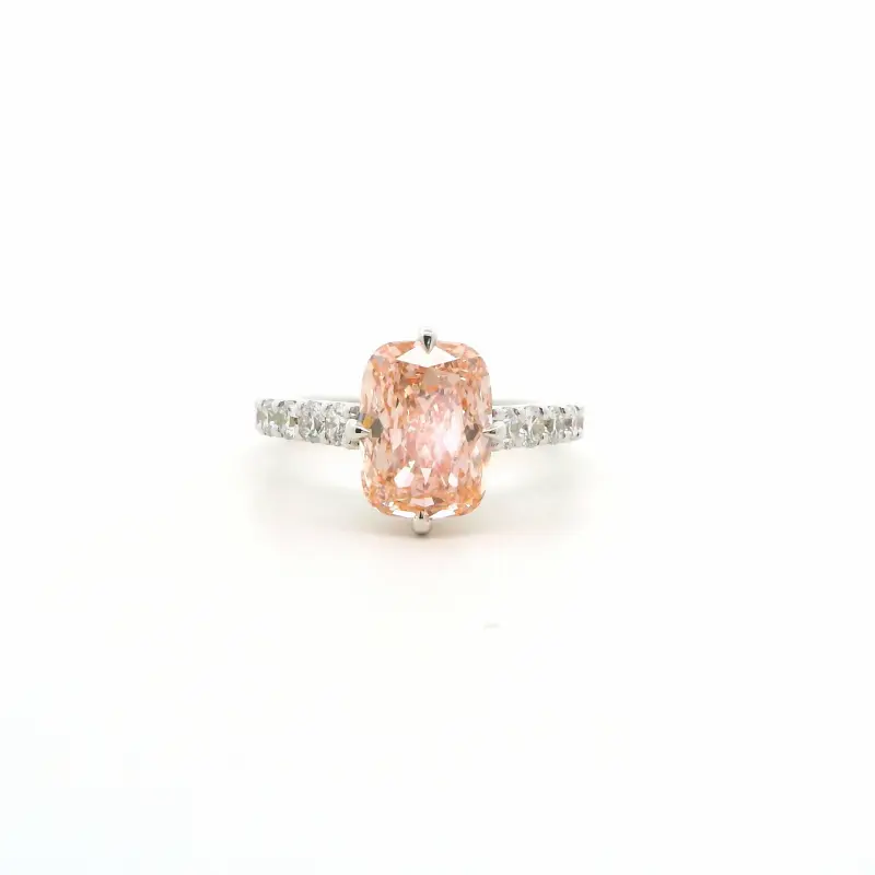 FirstMadam 18K White Gold Cushion Cut Pink Sapphire with Hidden Halo Lab Dimaond Ring