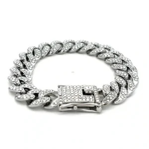 FirstMadam Stainless Steel Pave Zircon 12MM Width Cuban Chain Bracelet Factory Price
